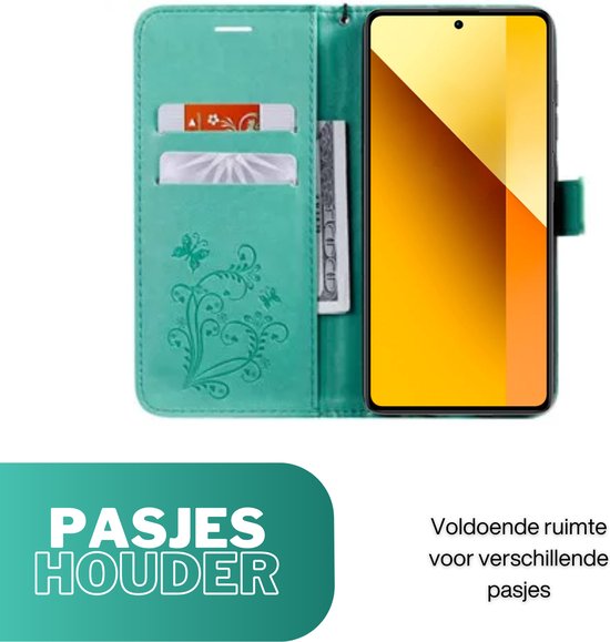 Hoesje Vlinders Groen - Geschikt voor Xiaomi Redmi Note 13 5G  - Portemonnee Book Case - Boekje Met Kaarthouder / Pasjeshouder en Magneetsluiting - Booklet - Wallet Beschermhoes - Telefoonhoesje