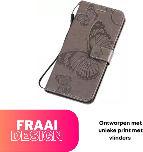 [EOL] Hoesje Vlinders Grijs - Geschikt voor Samsung Galaxy S23 - Portemonnee Book Case - Boekje Met Kaarthouder / Pasjeshouder en Magneetsluiting - Booklet - Wallet Beschermhoes - Telefoonhoesje