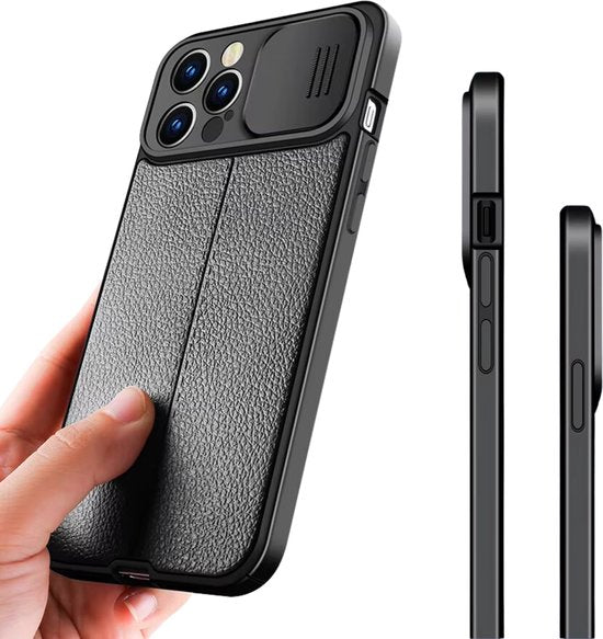 Valbestendig Telefoonhoesje - Geschikt voor Apple iPhone 14 Pro Max - Ultra Shockproof - Met Camera Slide Protector - Leer Look - Zwart - Met Extra Dikke Randen
