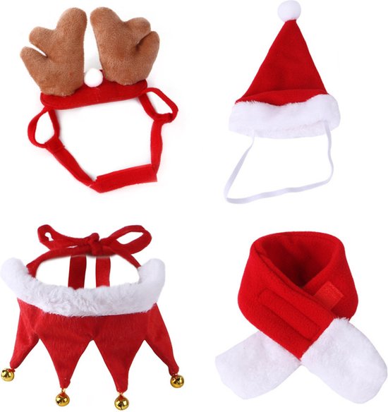 Kerst Acccessoires Set Hond & Kat - 4 Delig - Honden en Katten - Sjaal, Kraagje, Rendierhoorntjes en Kerstmuts - Kerstpakje voor Honden en Katten - Kerstkostuum - Hondenkleding