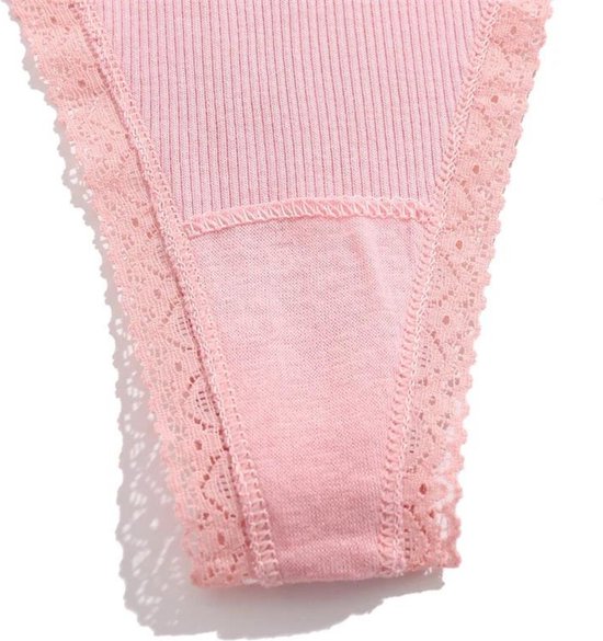 Sexy Dames String - Roze Ribstof - Dames Lingerie / Ondergoed - Kant - 95% Katoen - Maat M