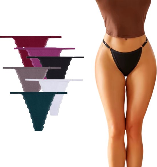 6 Pack - Sexy Dames String - Rood, Roze, Beige, Wit, Groen en Zwart - Katoen Ondergoed - Kant & Smalle Bandjes - Dames Lingerie / Onderbroek / Slip Set - Maat XL