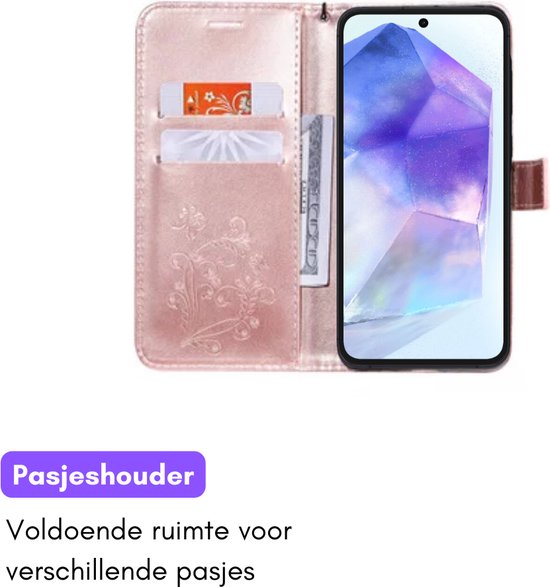 Hoesje Vlinders Roze - Geschikt voor Samsung Galaxy A55 - Portemonnee Book Case - Boekje Met Kaarthouder / Pasjeshouder en Magneetsluiting - Booklet Beschermhoes - Boekhoesje met Draagkoord