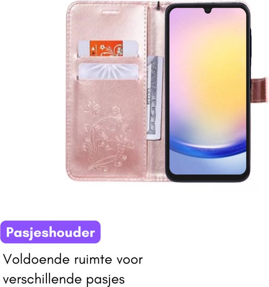 Hoesje Vlinders Roze - Geschikt voor Samsung Galaxy A25 - Portemonnee Book Case - Boekje Met Kaarthouder / Pasjeshouder en Magneetsluiting - Booklet Beschermhoes - Boekhoesje met Draagkoord