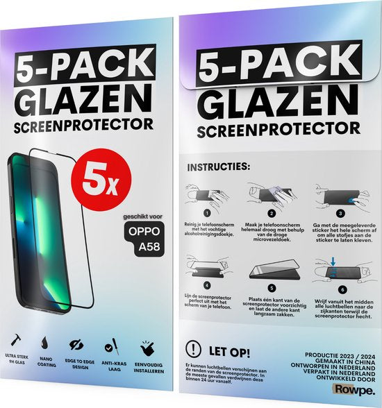 Screenprotector - Geschikt voor OPPO A58 - Gehard Glas - Full Cover Tempered Glass - Case Friendly - 5 Pack