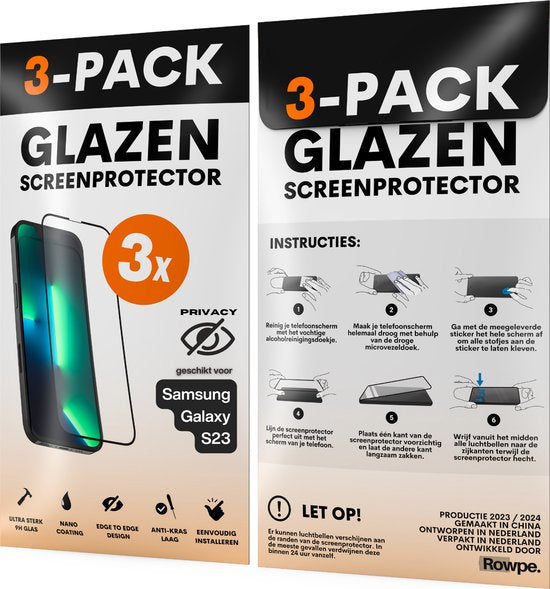 Privacy Screenprotector - Geschikt voor Samsung Galaxy S23 - Gehard Glas - Full Cover Tempered Privacy Glass - Case Friendly - 3 Pack