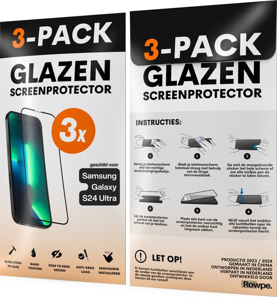 Screenprotector - Geschikt voor Samsung Galaxy S24 Ultra - Gehard Glas - Full Cover Tempered Glass - Case Friendly - 3 Pack