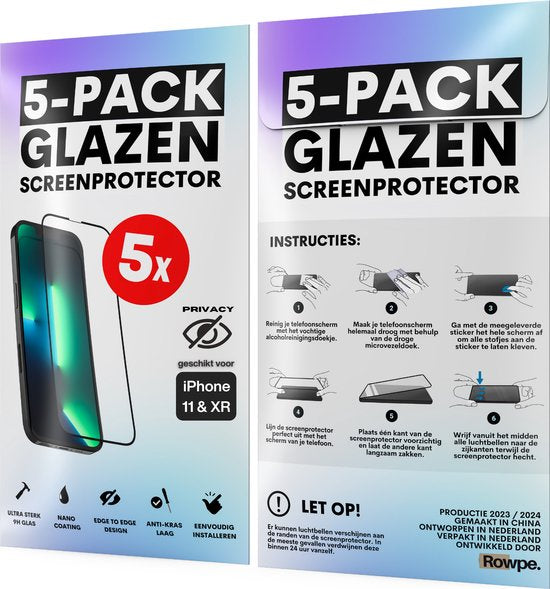 Privacy Screenprotector - Geschikt voor iPhone 11 / XR - Gehard Glas - Full Cover Tempered Privacy Glass - Case Friendly - 5 Pack