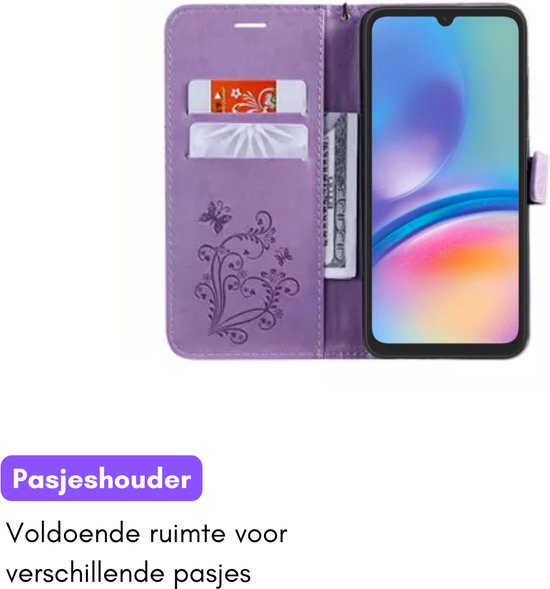 Hoesje Vlinders Paars geschikt voor Samsung Galaxy A05s - Portemonnee Book Case - Boekje Met Kaarthouder / Pasjeshouder en Magneetsluiting - Booklet - Wallet Beschermhoes - Telefoonhoesje