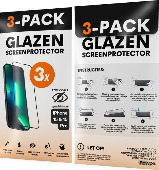 Privacy Screenprotector - Geschikt voor iPhone 15 / 15 Pro - Gehard Glas - Full Cover Tempered Privacy Glass - Case Friendly - 3 Pack