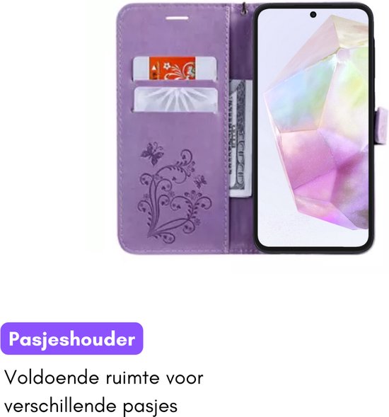 Hoesje Vlinders Paars - Geschikt voor Samsung Galaxy A35 - Portemonnee Book Case - Boekje Met Kaarthouder / Pasjeshouder en Magneetsluiting - Booklet Beschermhoes - Boekhoesje met Draagkoord
