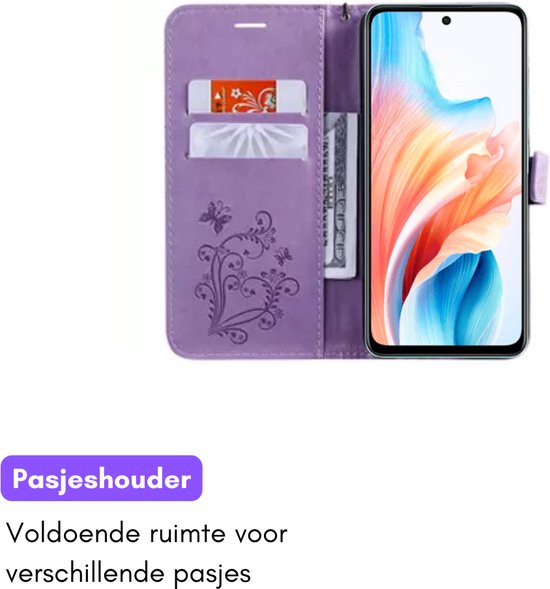 Hoesje Vlinders Paars geschikt voor OPPO A79 5G - Portemonnee Book Case - Boekje Met Kaarthouder / Pasjeshouder en Magneetsluiting - Booklet - Wallet Beschermhoes - Telefoonhoesje