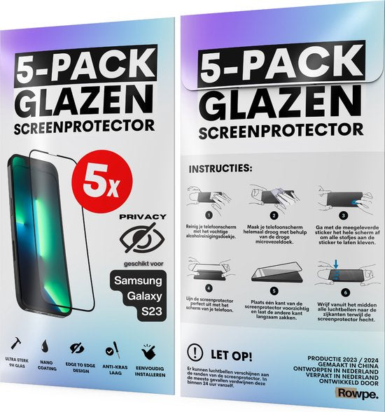 Privacy Screenprotector - Geschikt voor Samsung Galaxy S23 - Gehard Glas - Full Cover Tempered Privacy Glass - Case Friendly - 5 Pack
