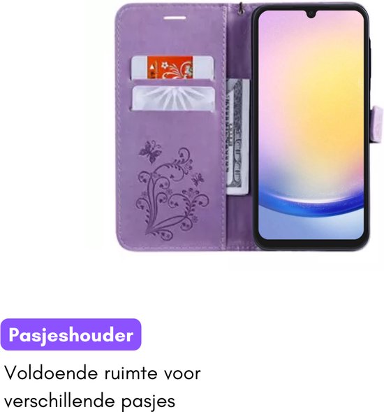 Hoesje Vlinders Paars - Geschikt voor Samsung Galaxy A25 - Portemonnee Book Case - Boekje Met Kaarthouder / Pasjeshouder en Magneetsluiting - Booklet Beschermhoes - Boekhoesje met Draagkoord