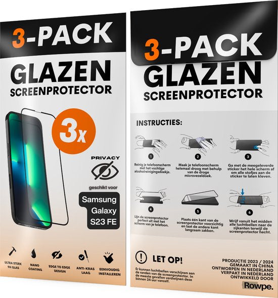 Privacy Screenprotector - Geschikt voor Samsung Galaxy S23 FE - Gehard Glas - Full Cover Tempered Privacy Glass - Case Friendly - 3 Pack