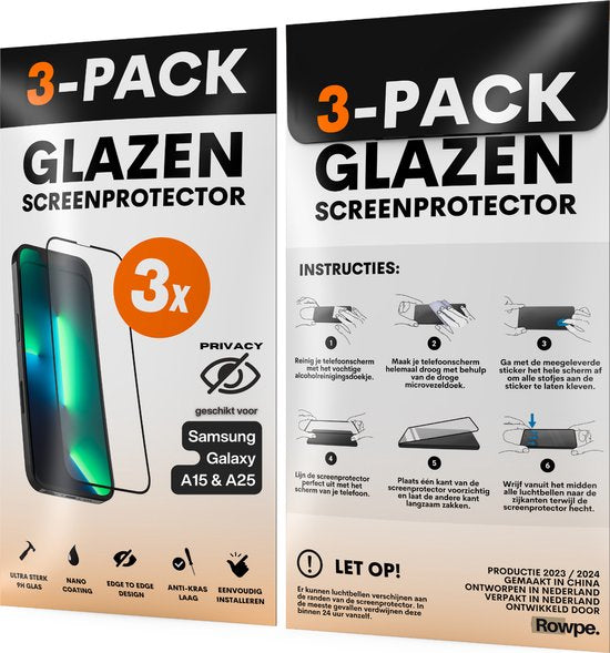 Privacy Screenprotector - Geschikt voor Samsung Galaxy A15 / A25 - Gehard Glas - Full Cover Tempered Privacy Glass - Case Friendly - 3 Pack