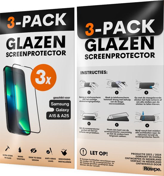 Screenprotector - Geschikt voor Samsung Galaxy A15 / A25 - Gehard Glas - Full Cover Tempered Glass - Case Friendly - 3 Pack