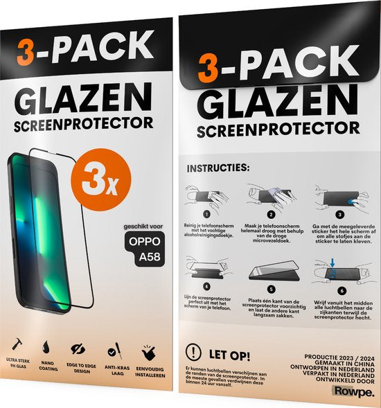 Screenprotector - Geschikt voor OPPO A58 - Gehard Glas - Full Cover Tempered Glass - Case Friendly - 3 Pack