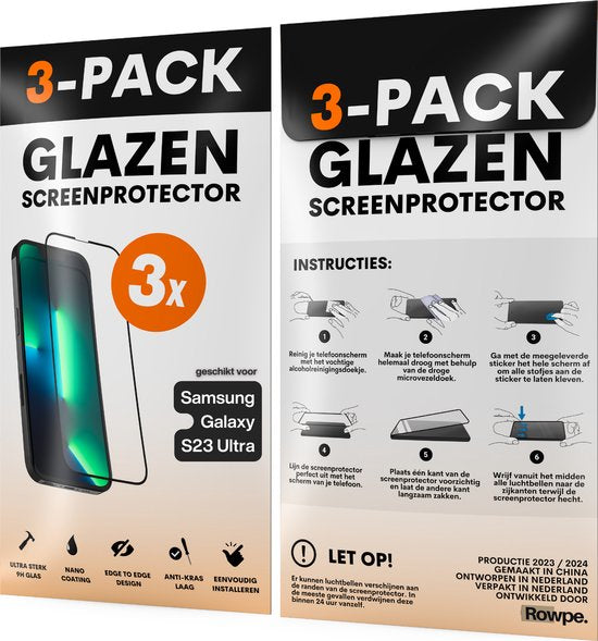 Screenprotector - Geschikt voor Samsung Galaxy S23 Ultra - Gehard Glas - Full Cover Tempered Glass - Case Friendly - 3 Pack