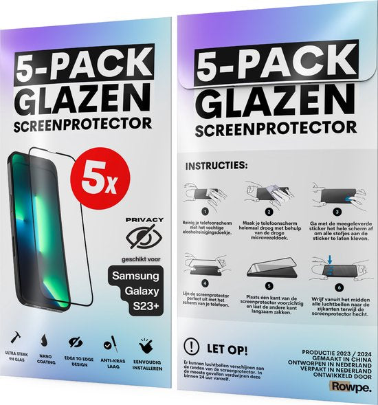 Privacy Screenprotector - Geschikt voor Samsung Galaxy S23+ - Gehard Glas - Full Cover Tempered Privacy Glass - Case Friendly - 5 Pack