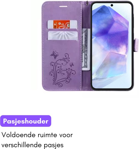 Hoesje Vlinders Paars - Geschikt voor Samsung Galaxy A55 - Portemonnee Book Case - Boekje Met Kaarthouder / Pasjeshouder en Magneetsluiting - Booklet Beschermhoes - Boekhoesje met Draagkoord