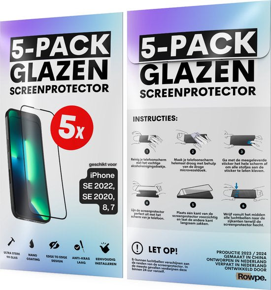 Screenprotector - Geschikt voor iPhone 7 / 8 / SE 2020 - Gehard Glas - Full Cover Tempered Glass - Case Friendly - 5 Pack