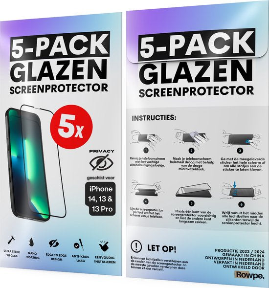 Privacy Screenprotector - Geschikt voor iPhone 16E / 14 / 13 / 13 Pro - Gehard Glas - Full Cover Tempered Privacy Glass - Case Friendly - 5 Pack