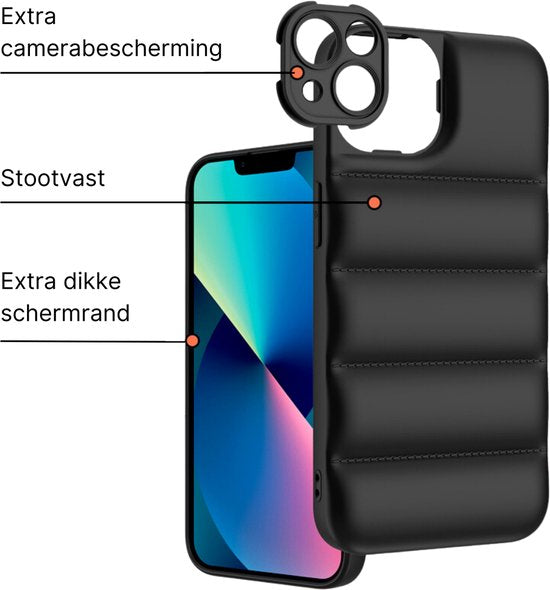 Puffer Case Zwart - Geschikt voor iPhone 15 Pro - Stootvast Hoesje met Camera Bescherming - Winterjas Donsjas Design - Shockproof TPU Back Cover