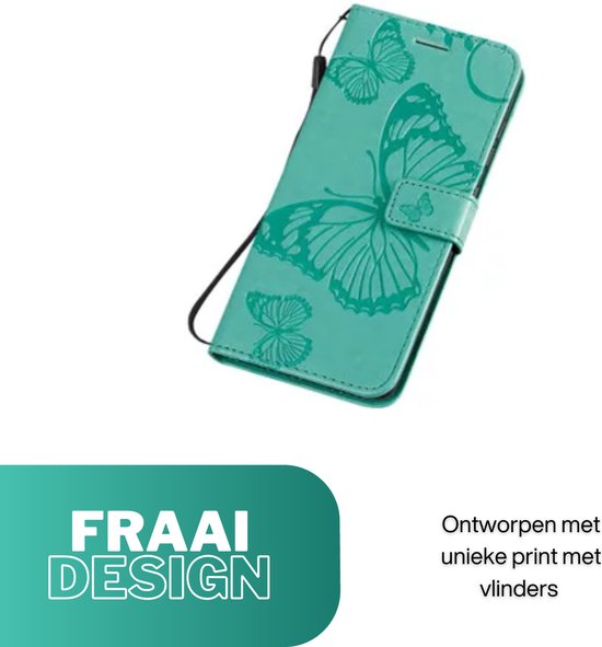 Hoesje Vlinders Groen - Geschikt voor Apple iPhone 15 Plus / 15+ - Portemonnee Book Case - Boekje Met Kaarthouder / Pasjeshouder en Magneetsluiting - Booklet Beschermhoes - Boekhoesje met Draagkoord