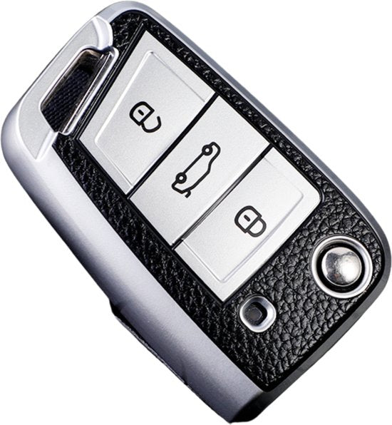 TPU Sleutelcover - Sleutelhoesje Geschikt voor Volkswagen Golf / Tiguan - Seat Leon / Ateca / Ibiza - Skoda Kodiaq / Octavia / Karoq - Zilvergrijs en Zwart Leer - Flexibele Sleutel Cover - Zacht Hoesje - Auto Accessoires