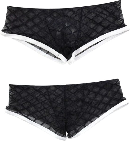 Heren Boxershort Transparant - Boxer Doorzichtig Wit met Zwarte Band - Sexy Transparant Design met Ruitmotief - Mannen Onderbroek - Lingerie Voor Mannen - Ondergoed Maat XXL