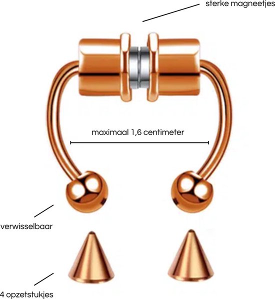 Fake Neuspiercing Rose Goud - Magnetisch - 4 Verwisselbare Opzetstukjes - Neusring - Nep Septum Piercing - Ringetje Rose Goud Kleurig - RVS Roestvrij Staal