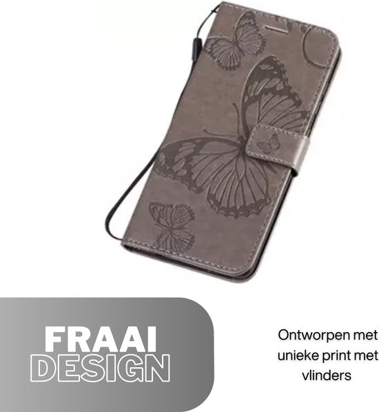 Hoesje Vlinders Grijs - Geschikt voor OPPO A78 5G - Portemonnee Book Case - Boekje Met Kaarthouder / Pasjeshouder en Magneetsluiting - Booklet Beschermhoes - Boekhoesje met Draagkoord
