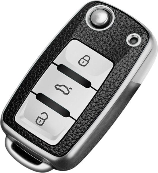 TPU Sleutelcover - Sleutelhoesje Geschikt voor Volkswagen Golf / Polo / Tiguan / Up / Passat / Seat Leon / Skoda Citigo - Zilvergrijs en Zwart Leer - Flexibele Sleutel Cover - Zacht Hoesje - Auto Accessoires