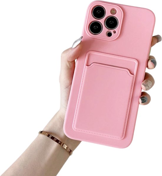 Stevig TPU Hoesje - Geschikt voor Apple iPhone 14 Pro - Met Kaarthouder - Roze - Shockproof Case met Pasjeshouder - TPU Hoes Met Vakje Voor Pasje - Card Case Back Cover