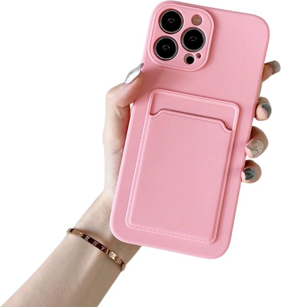 Stevig TPU Hoesje - Geschikt voor Apple iPhone 15 Pro - Met Kaarthouder - Roze - Shockproof Case met Pasjeshouder - TPU Hoes Met Vakje Voor Pasje - Card Case Back Cover