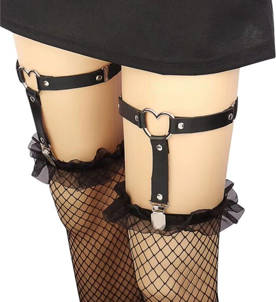 Sexy Garter Belt voor Dames – Zwart Kunstleer - Hartje - Bovenbeen Strap met Hart – Erotisch Kousenband Harnas - Jarrettel - Hold Up Kousen - One Size