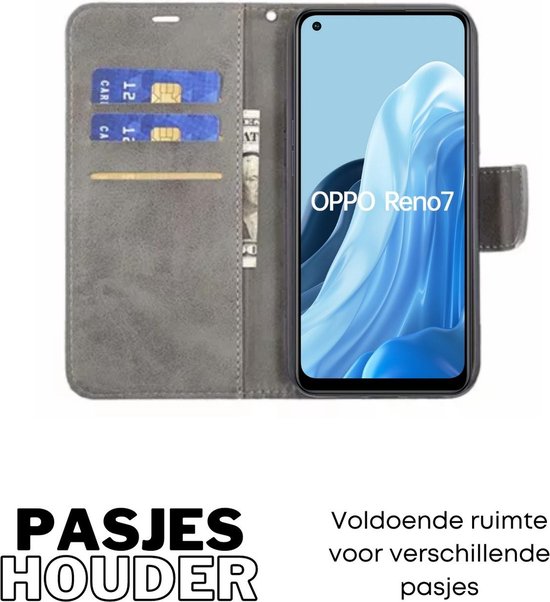 [EOL] Hoesje Grijs - Geschikt voor OPPO Reno 7 4G - Portemonnee Book Case - Boekje Met Kaarthouder / Pasjeshouder en Magneetsluiting - Booklet - Wallet Beschermhoes Kunstleer