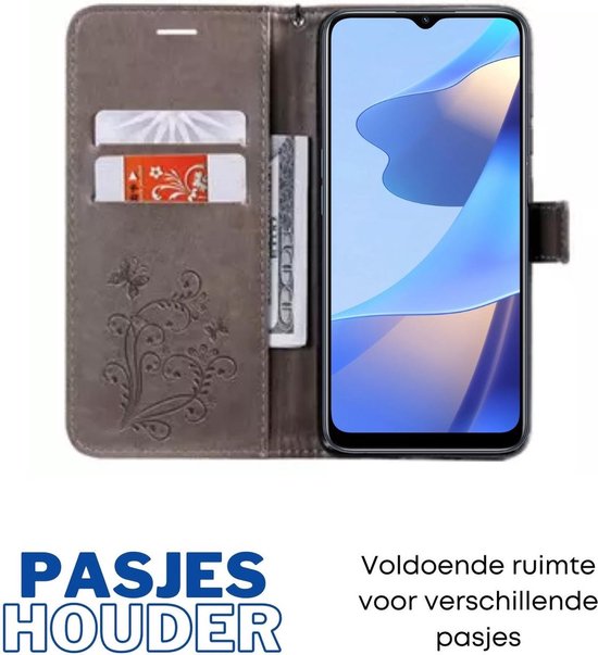 [EOL] Hoesje Vlinders Grijs - Geschikt voor OPPO A16 / A16S / A54S - Portemonnee Book Case - Boekje Met Kaarthouder / Pasjeshouder en Magneetsluiting - Booklet Beschermhoes