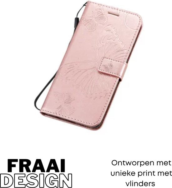 Hoesje Vlinders Roze - Geschikt voor OPPO A17 - Portemonnee Book Case - Boekje Met Kaarthouder / Pasjeshouder en Magneetsluiting - Booklet Beschermhoes - Boekhoesje met Draagkoord