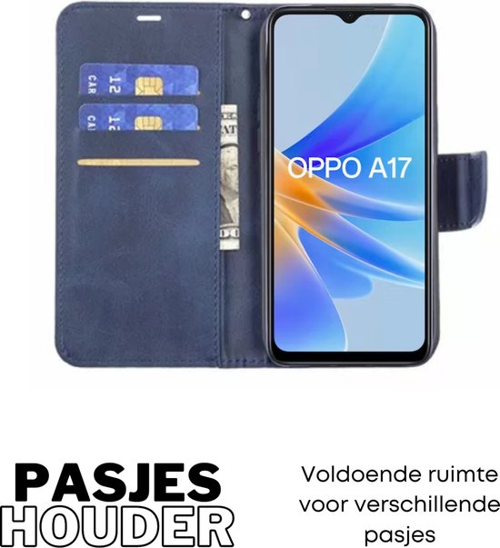 Hoesje Blauw - Geschikt voor OPPO A17 - Portemonnee Book Case - Boekje Met Kaarthouder / Pasjeshouder en Magneetsluiting - Booklet Beschermhoes - Boekhoesje met Draagkoord