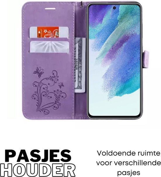 Hoesje Vlinders Paars - Geschikt voor Samsung Galaxy S21 FE - Portemonnee Book Case - Boekje Met Kaarthouder / Pasjeshouder en Magneetsluiting - Booklet - Wallet Beschermhoes Kunstleer - Voor S21FE