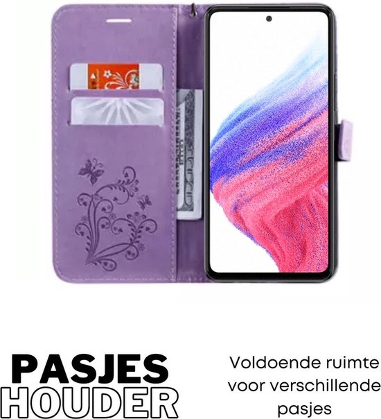 Hoesje Vlinders Paars - Geschikt voor Samsung Galaxy A53 5G - Portemonnee Book Case - Boekje Met Kaarthouder / Pasjeshouder en Magneetsluiting - Booklet Beschermhoes voor Pasjes