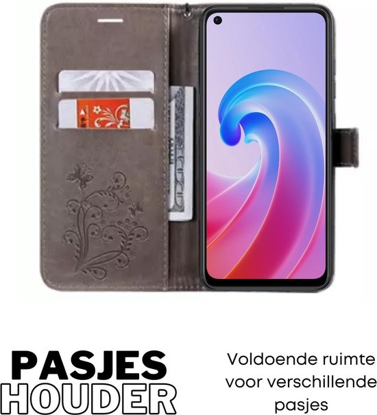 [EOL] Hoesje Vlinders Grijs - Geschikt voor OPPO A76 / A96 - Portemonnee Book Case - Boekje Met Kaarthouder / Pasjeshouder en Magneetsluiting - Booklet Beschermhoes voor Pasjes