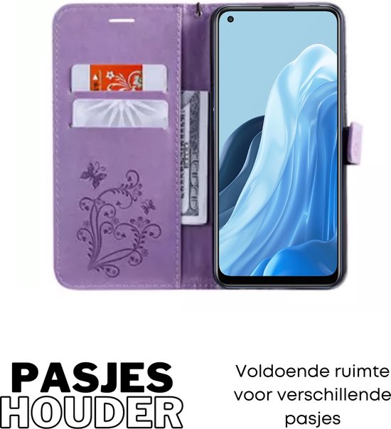 [EOL] Hoesje Vlinders Paars - Geschikt voor OPPO Reno 7 4G - Portemonnee Book Case - Boekje Met Kaarthouder / Pasjeshouder en Magneetsluiting - Booklet Beschermhoes