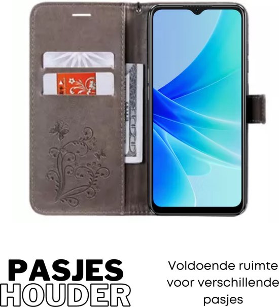 Hoesje Vlinders Grijs - Geschikt voor OPPO A57 / A57s - Portemonnee Book Case - Boekje Met Kaarthouder / Pasjeshouder en Magneetsluiting - Booklet Beschermhoes - Boekhoesje