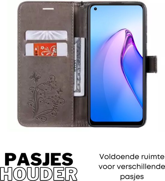 [EOL] Hoesje Vlinders Grijs - Geschikt voor OPPO Reno 8 Lite - Portemonnee Book Case - OPPO Reno8 Lite Boekje Met Kaarthouder / Pasjeshouder en Magneetsluiting - Booklet Beschermhoes