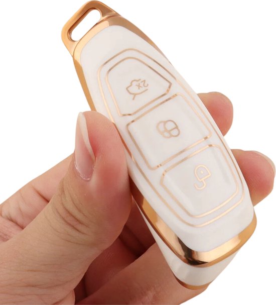 Zachte TPU Sleutelcover - Geschikt voor Ford Focus / Fiesta / Kuga / Fusion / Mondeo / Ecosport / ST - Wit Goud Metallic - Sleutel Hoesje Cover - Randen Goud - Auto Accessoires