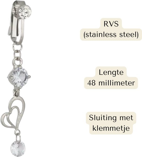 Fake Navelpiercing Zilver - Nep Navelpiercing - Kristal Hartje Hanger - Stainless Steel - Piercing Voor Navel zonder Gaatje