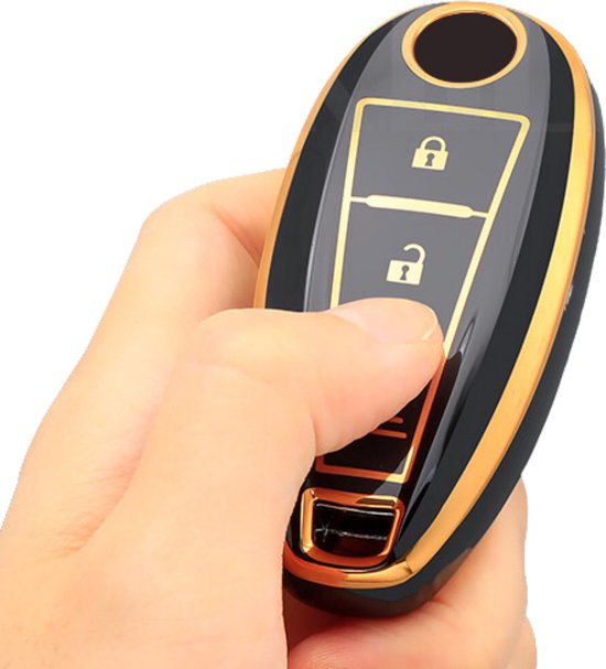 Zachte TPU Sleutelcover - Sleutelhoesje Geschikt voor Suzuki Swift / Swift Sport / SX4 / Scross / Ignis / Vitara - Zwart - Randen Goud - Sleutel Hoesje Cover - Auto Accessoires
